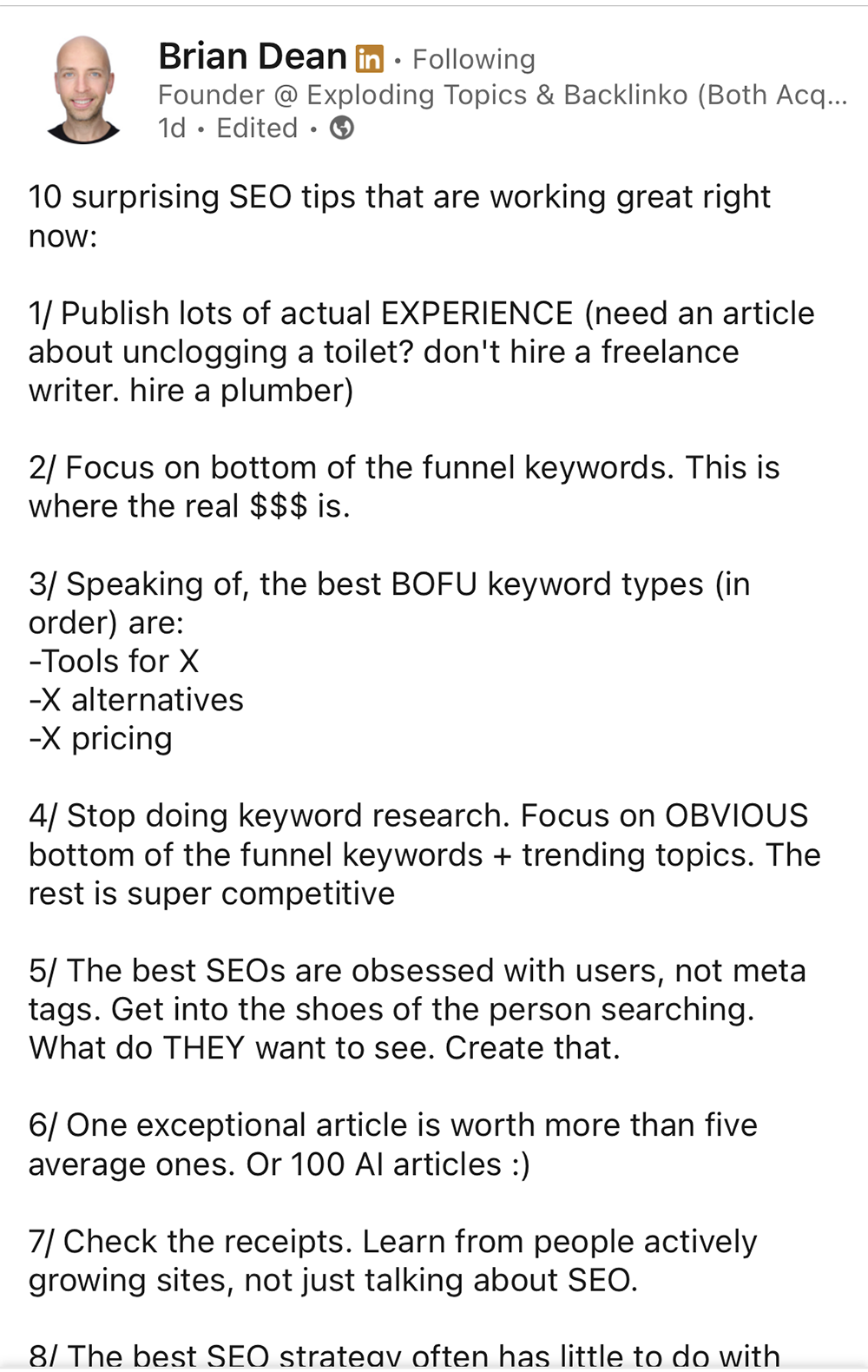 Brian Dean - SEO - LinkedIn Post - Jeff Payne Company
