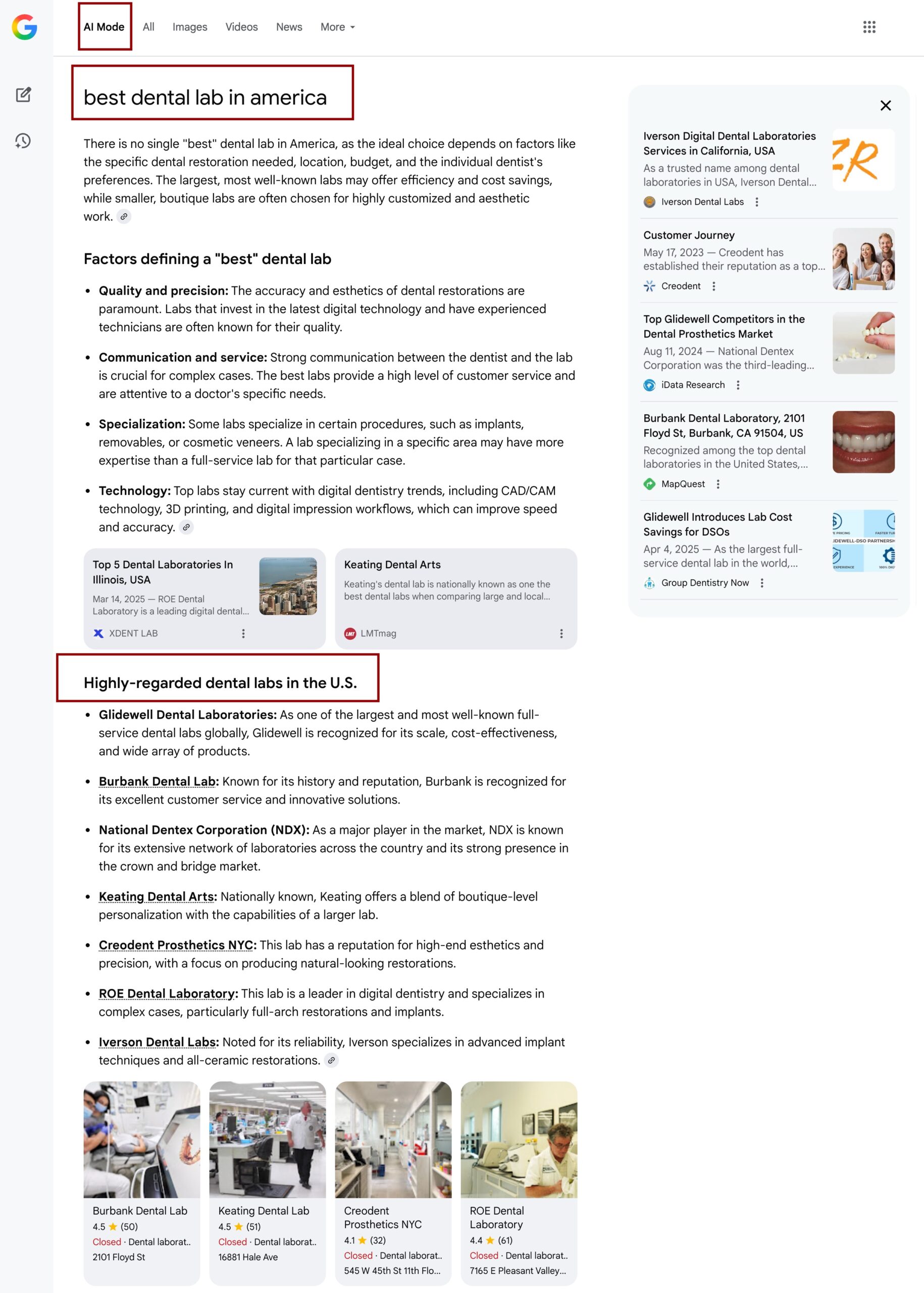 AI Overviews - Example, searching Best Dental Labs in America