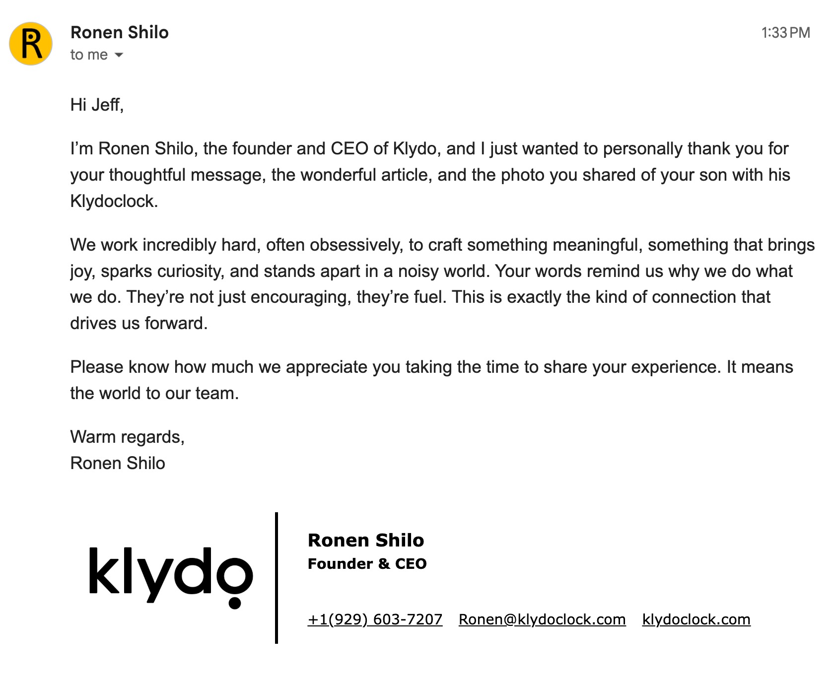 Email from Klydoclock CEO & Founder, Ronen Shilo
